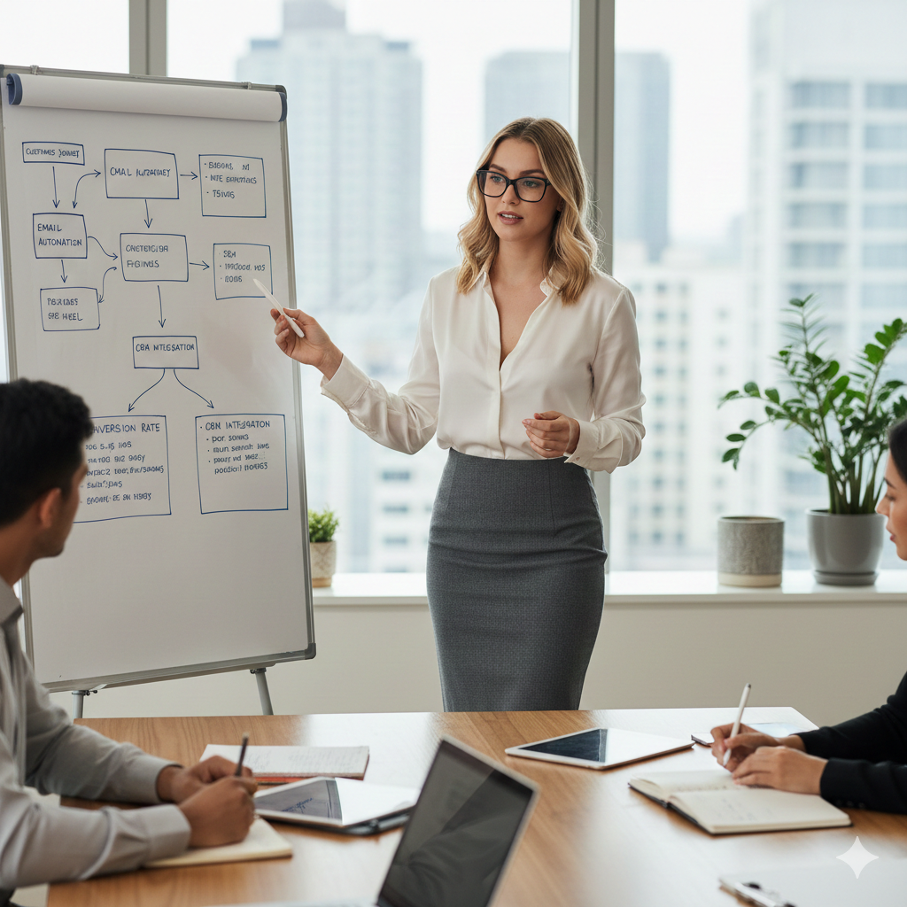 An attractive blonde girl delivering email marketing strategy.