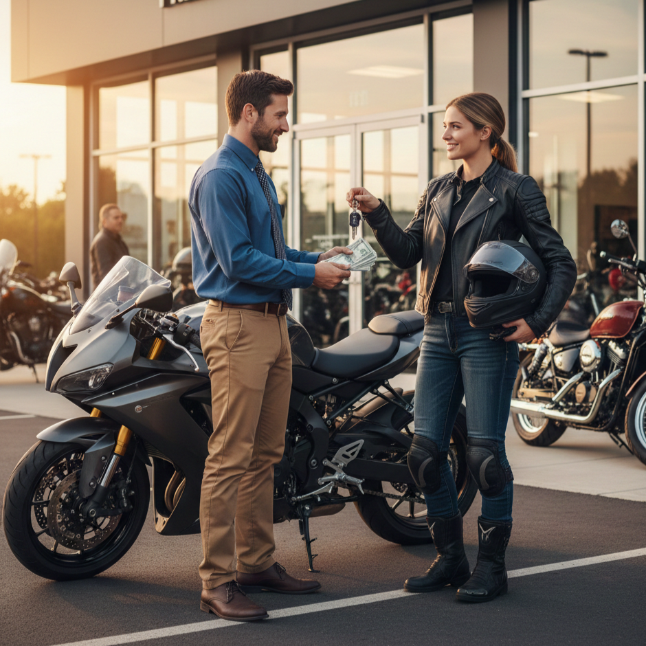 A man and woman exchanging keys in front of a motorcycle outside a dealership, with the woman holding a helmet and a motorcycle nearby.
