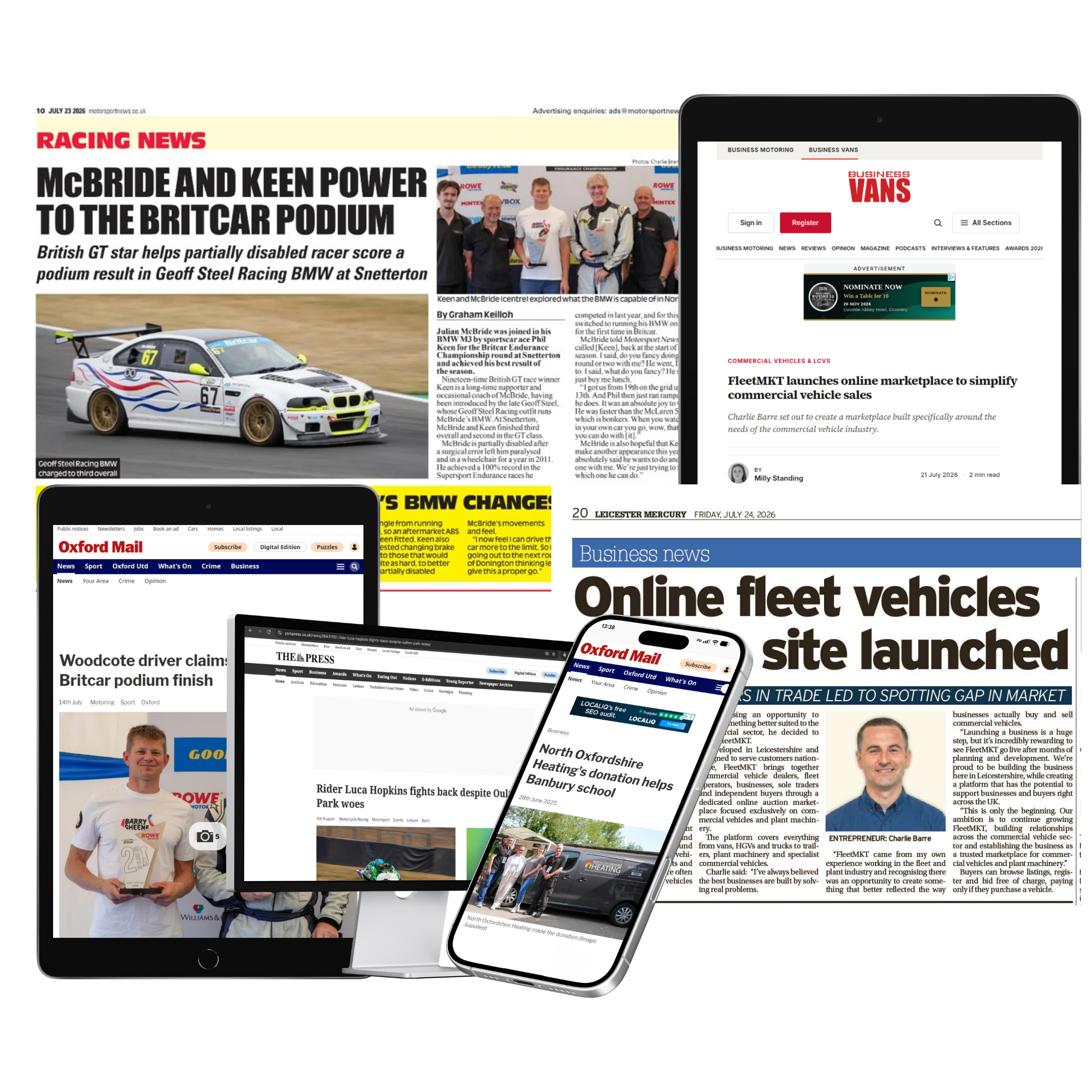 Multiple screens displaying various news articles from different sources about racing, business, and community events. Devices include a tablet, a smartphone, and a computer monitor.