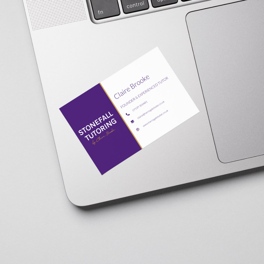A business card design for Claire at Stonefall Tutoring.