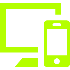Icon of a desktop computer and a smartphone in neon green on a black background.