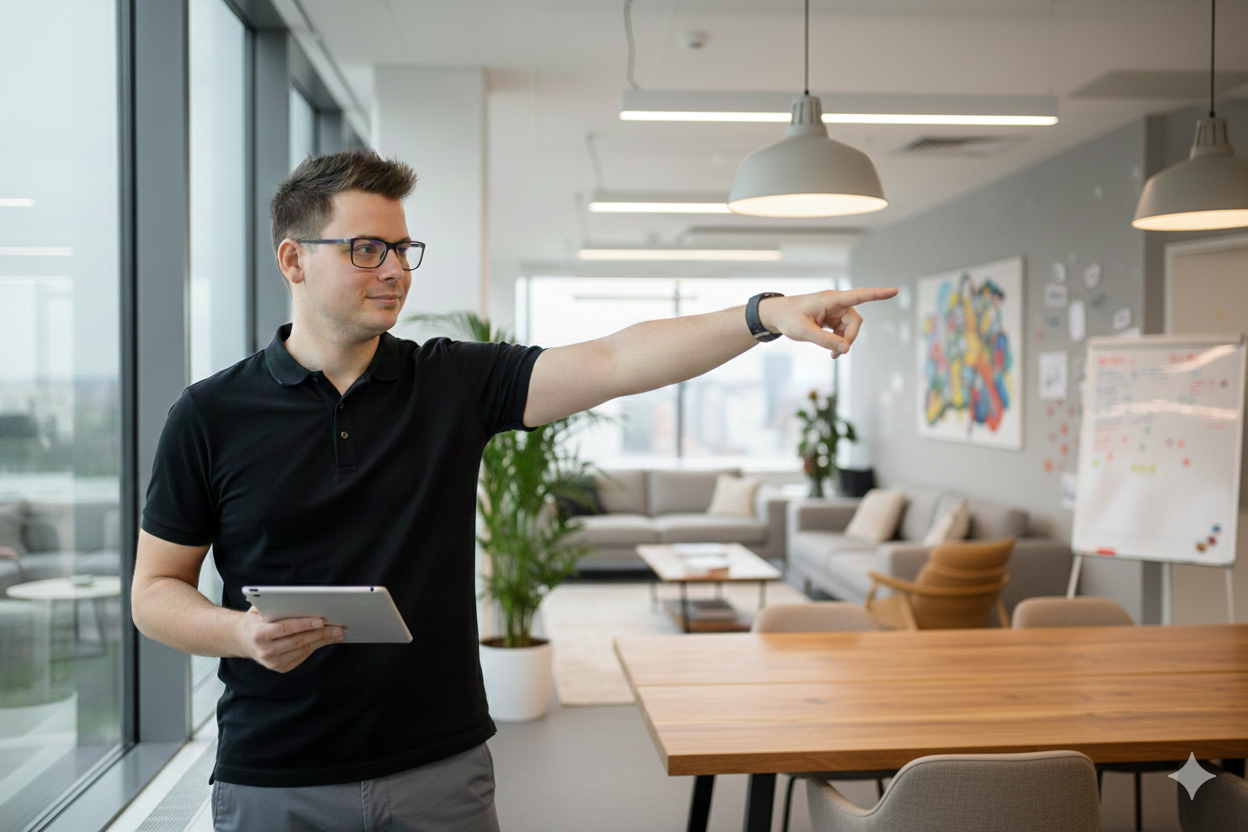 A man wearing glasses and a black polo shirt is standing in a modern office space, pointing to the right with his right arm extended, while holding a tablet in his left hand. The office has large windows, hanging lamps, a whiteboard with sticky notes, and comfortable seating in the background.