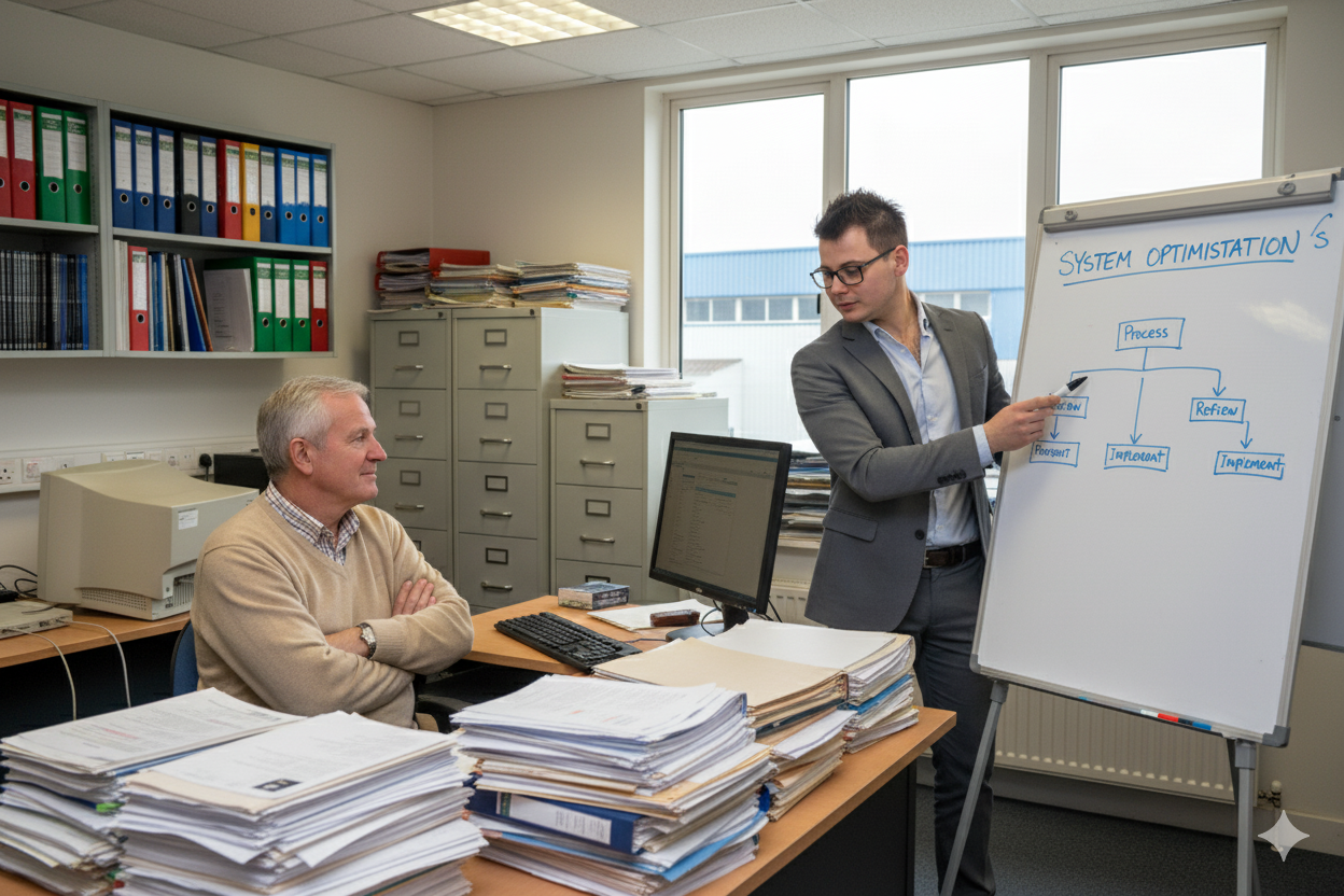 A man in a gray suit is presenting on a whiteboard titled 'System Optimization' in an office. An older man is sitting at a cluttered desk with stacks of paperwork and a computer, listening attentively.