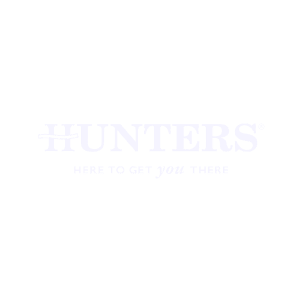 The logo of Hunters, a company or brand, with the slogan "Here to get you there" beneath the name.