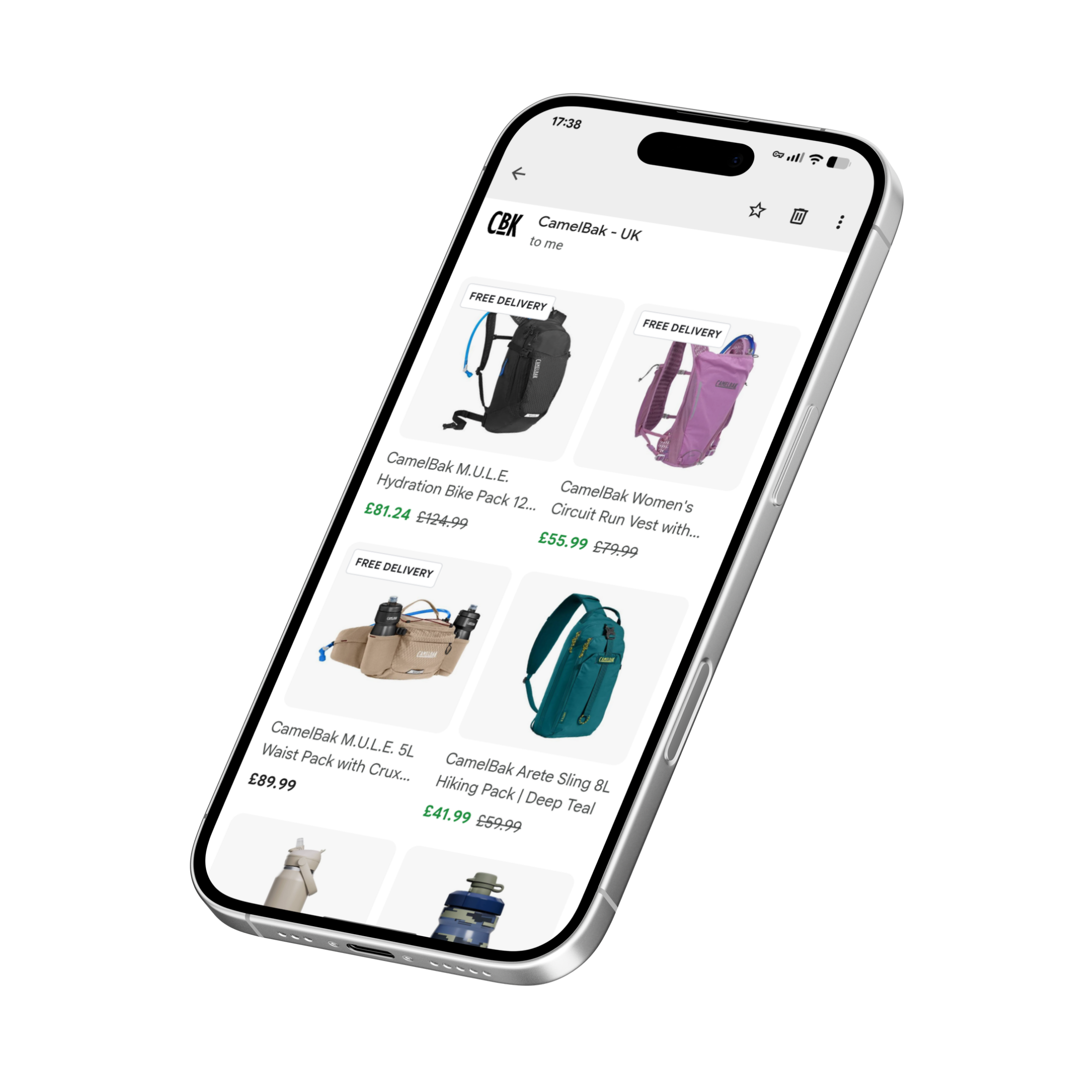 Smartphone screen displaying online shopping app with outdoor gear like backpacks and water bottles, prices marked with discounts, on a black background.