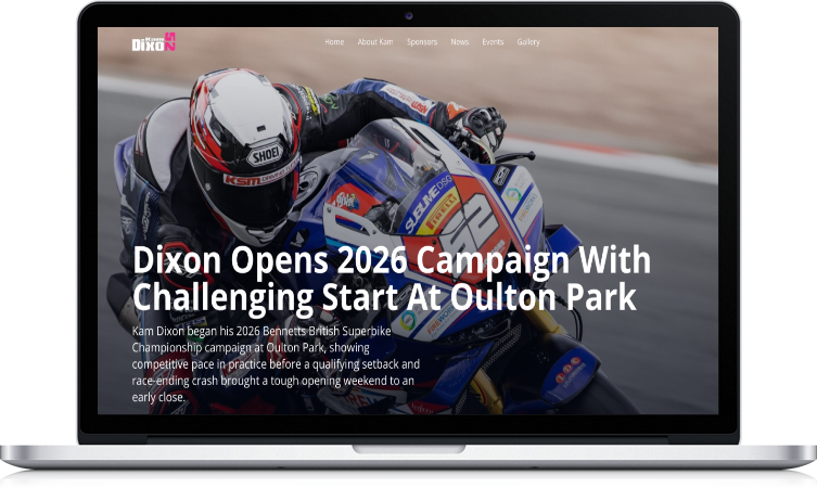 Laptop screen displaying a website with a motorcycle racer in a blue suit and helmet on a race track, promoting the 2026 Dixon British Superbikes campaign.
