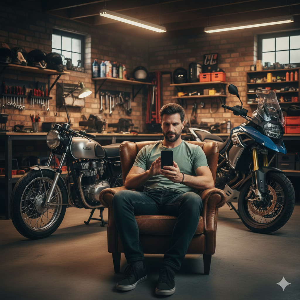 A man sitting in a leather chair in a garage, surrounded by two motorcycles, with shelves holding various tools and equipment in the background.