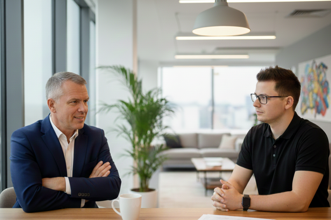 Two men having a serious conversation in a modern office with large windows, a potted plant, and a white hanging light.