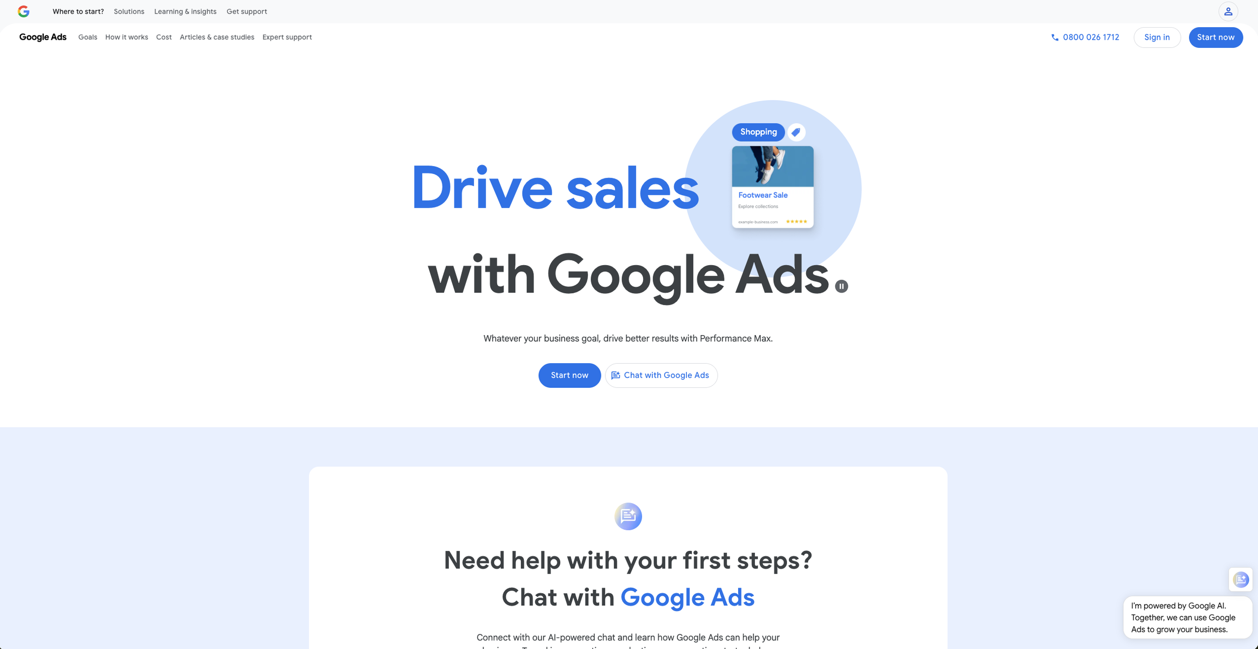 Google Ads homepage featuring a headline 'Drive sales with Google Ads' and a call-to-action button 'Start now'.