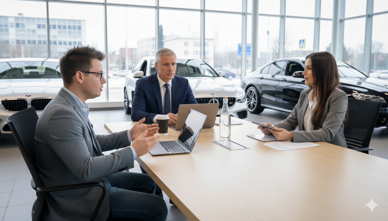 Three business professionals in a car dealership office, engaged in a discussion, with cars visible outside through large windows.