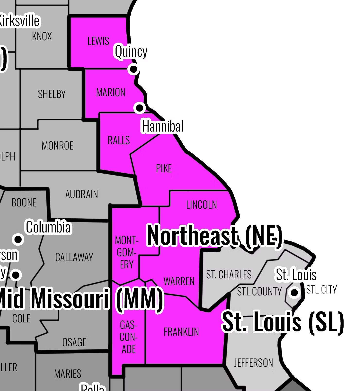 Map showing that the Northeast Region consists of the following counties: Franklin, Gasconade, Lewis, Lincoln, Marion, Montgomery, Pike, Ralls, Warren