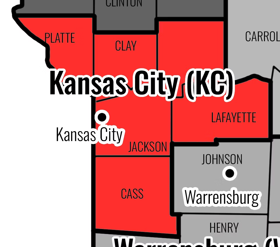 Map showing that the Kansas City Region consists of the following counties: Clay, Jackson, Lafayette, Platte, Ray, Cass