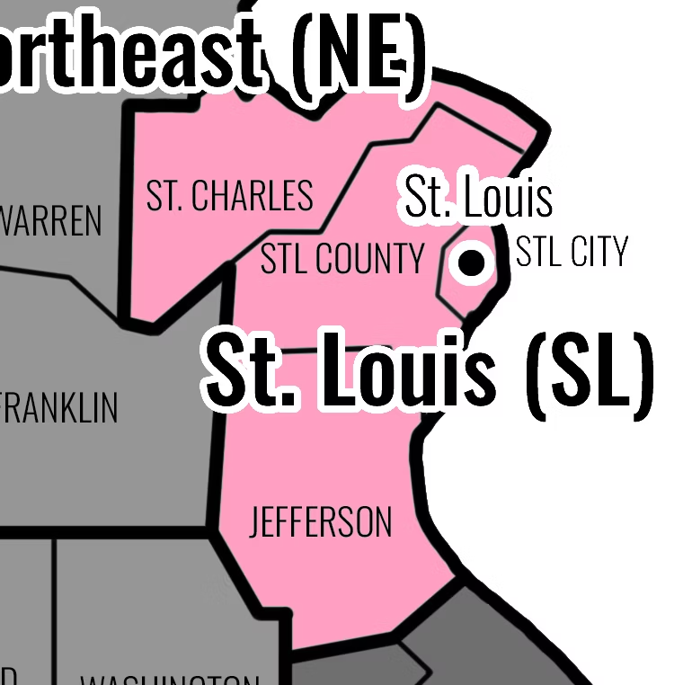 Map showing that the St. Louis Region consists of the following counties: Jefferson, St. Charles, St. Louis City, St. Louis County
