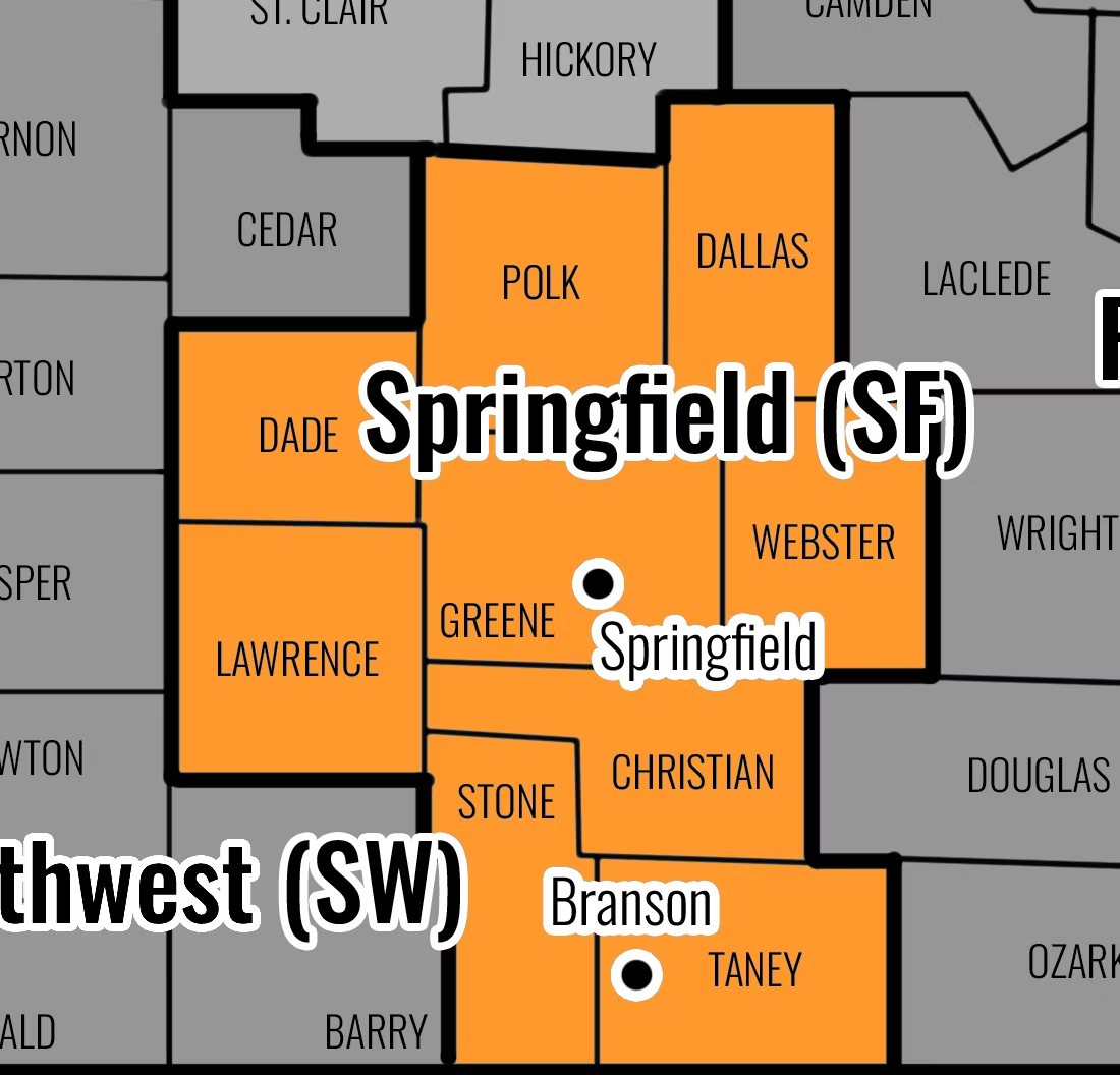 Map showing that the Springfield Region consists of the following counties: Christian, Dade, Dallas, Greene, Lawrence, Polk, Stone, Taney, Webster