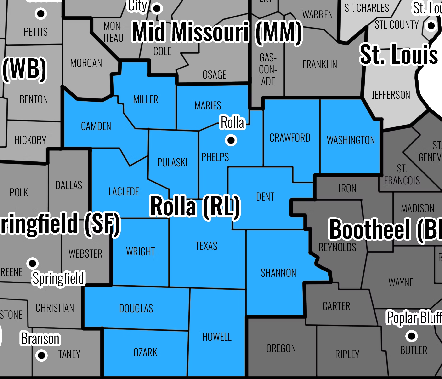 Map showing that the Rolla Region consists of the following counties: Camden, Crawford, Dent, Douglas, Howell, Laclede, Maries, Miller, Ozark, Phelps, Pulaski, Shannon, Texas, Washington, Wright