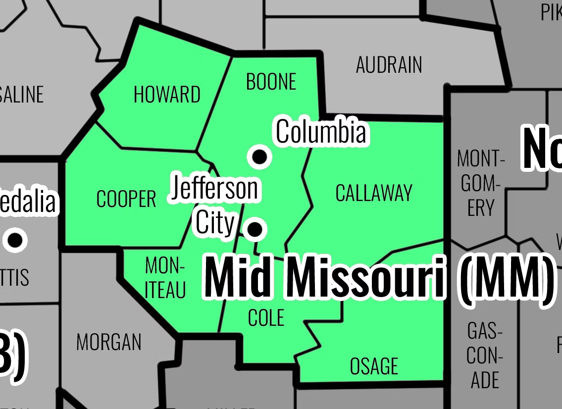 Map showing that the Mid-Missouri Region consists of the following counties: Boone, Callaway, Cole, Cooper, Howard, Moniteau, Osage