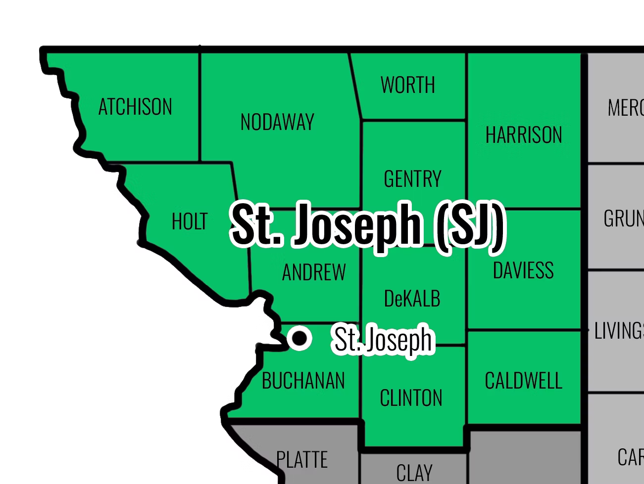 Map showing that the St. Joseph Region consists of the following counties: Andrew, Atchison, Buchanan, Caldwell, Clinton, Daviess, DeKalb, Gentry, Harrison, Holt, Nodaway, Worth