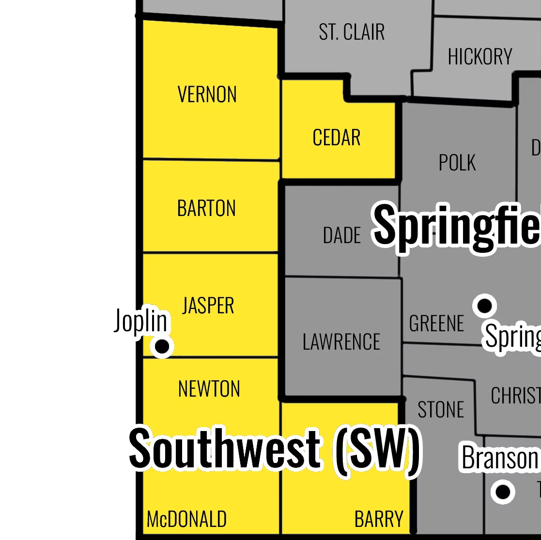 Map showing that the Southwest Region consists of the following counties: Barry, Barton, Bates, Cedar, Jasper, Mcdonald, Newton, Vernon
