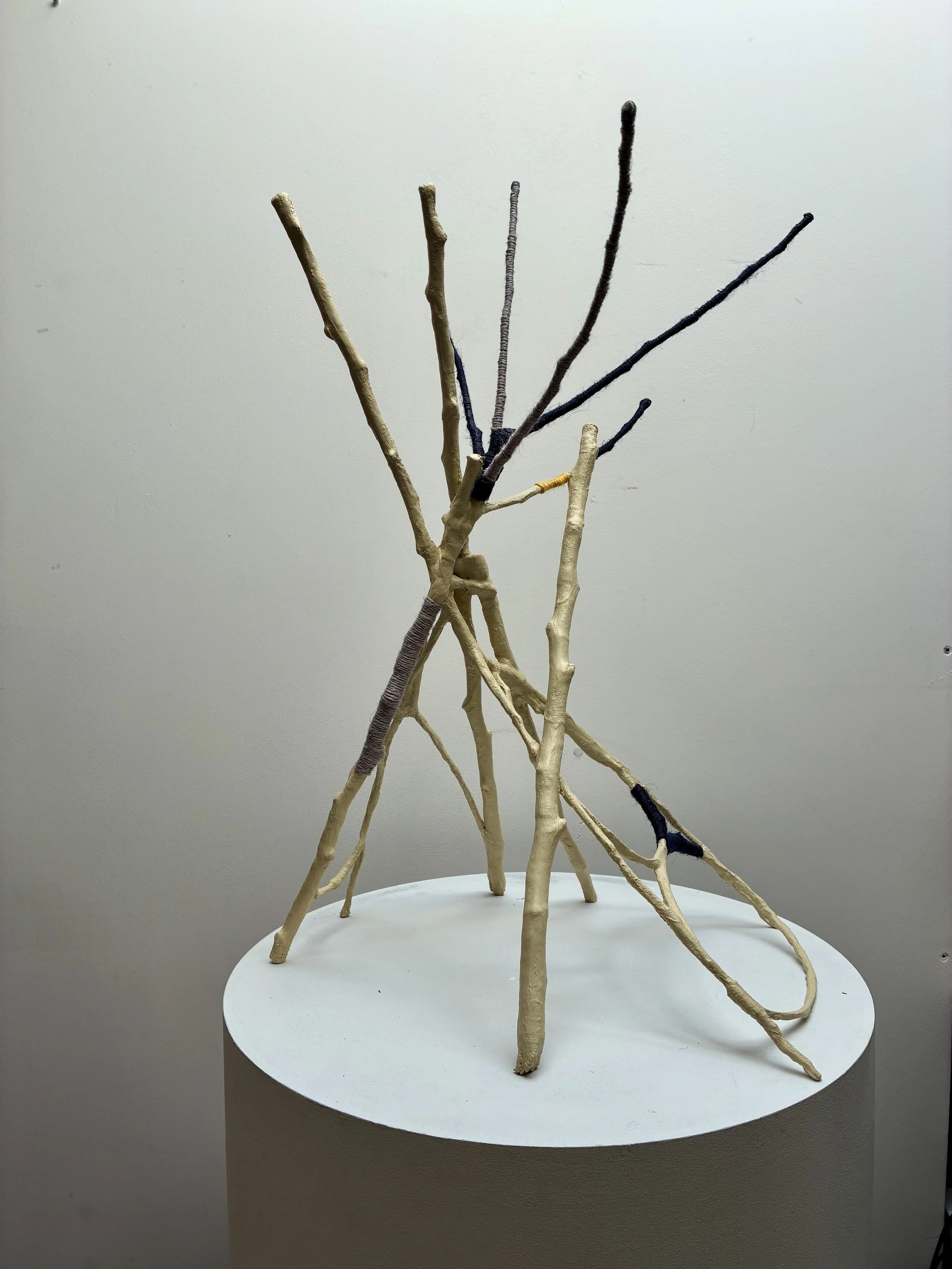 Den, 2026. Wood, paper, plaster, paint, jute twine.
