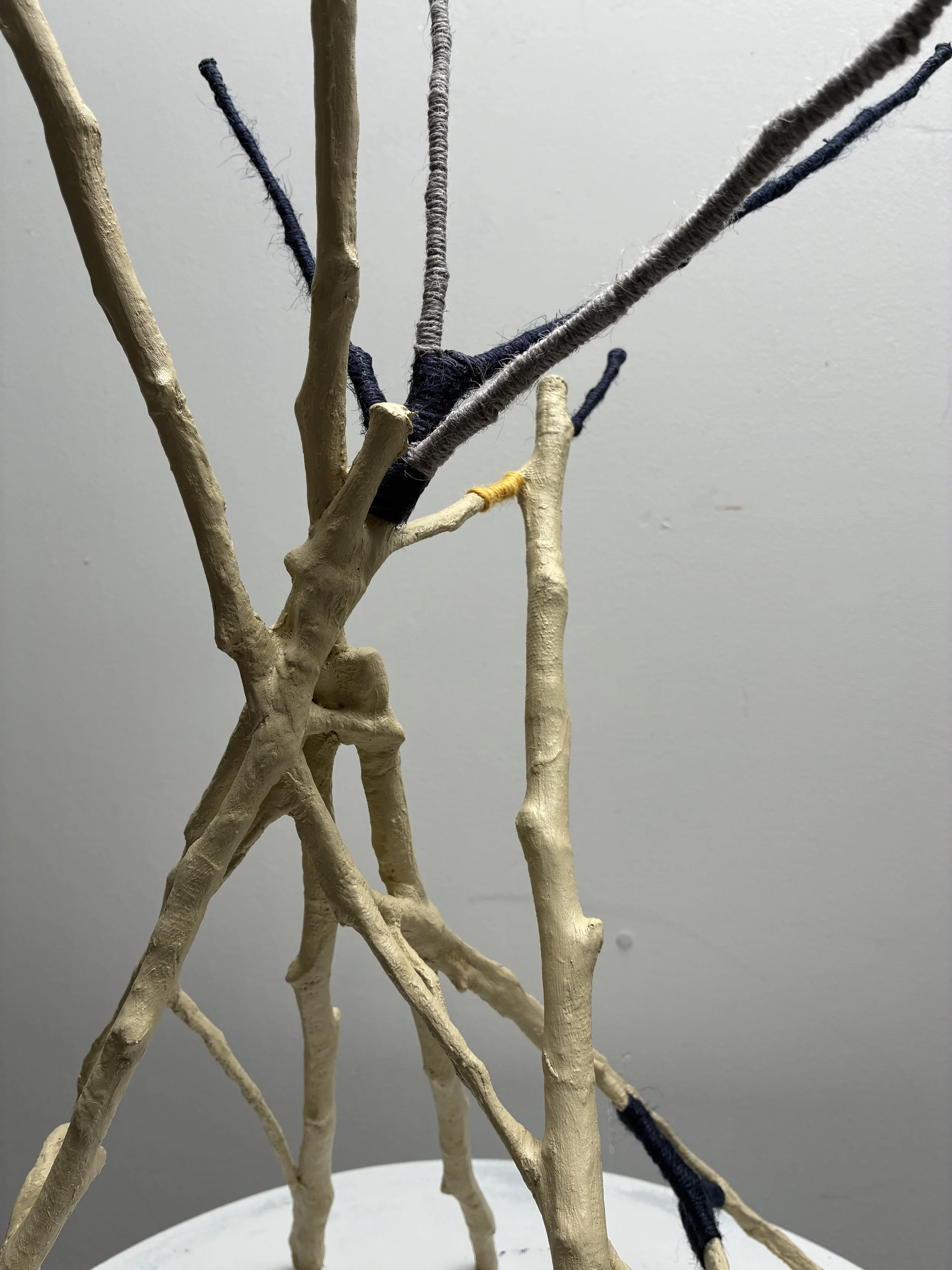 Den, 2026. Wood, paper, plaster, paint, jute twine.