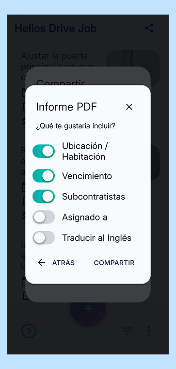 Spanish language interface of the Builder Tasklist mobile app showing PDF report settings, including options for location, due date, and a toggle to translate the report to English.