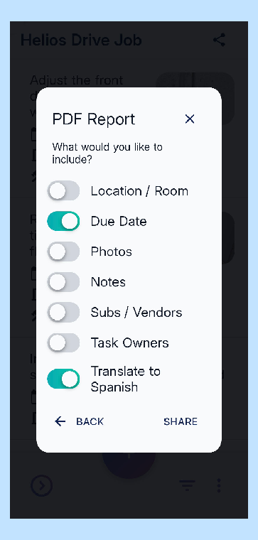 User interface of the Builder Tasklist app showing PDF report export settings with a toggle enabled for "Translate to Spanish" to generate bilingual jobsite punch lists.