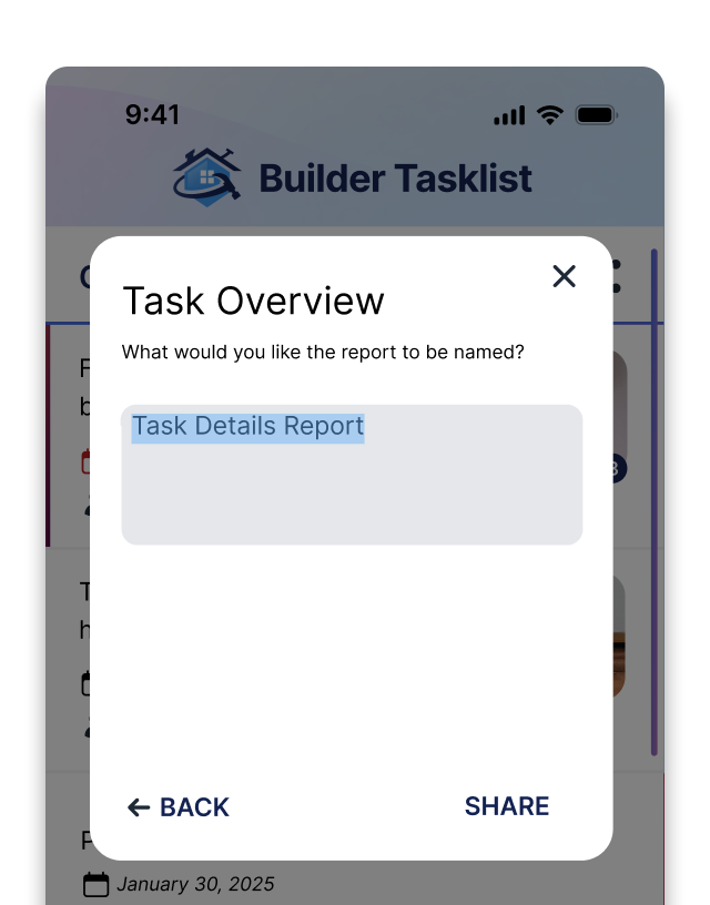 Screenshot of the Builder Taslklist job report name feature