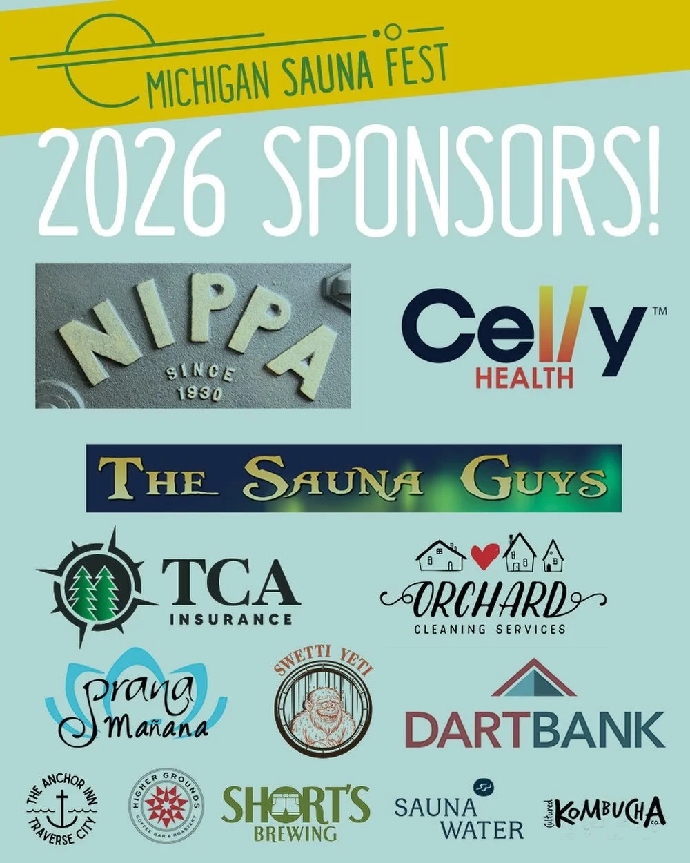 SPONSORS: Huge thank you for the support of these amazing companies!
NIPPA @nippasauna 
Celly Health @celly_health 
The Sauna Guys @thesaunaguysmi 
TCA Insurance 
Orchard Cleaning Services @orchardcleaningservices 
Dart Bank @dartbank 
Prana Manana @