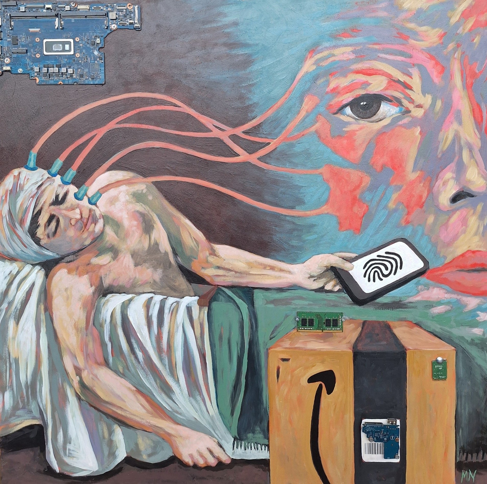 ADDICTION, 30" x 30" (Mixed media on wood panel)