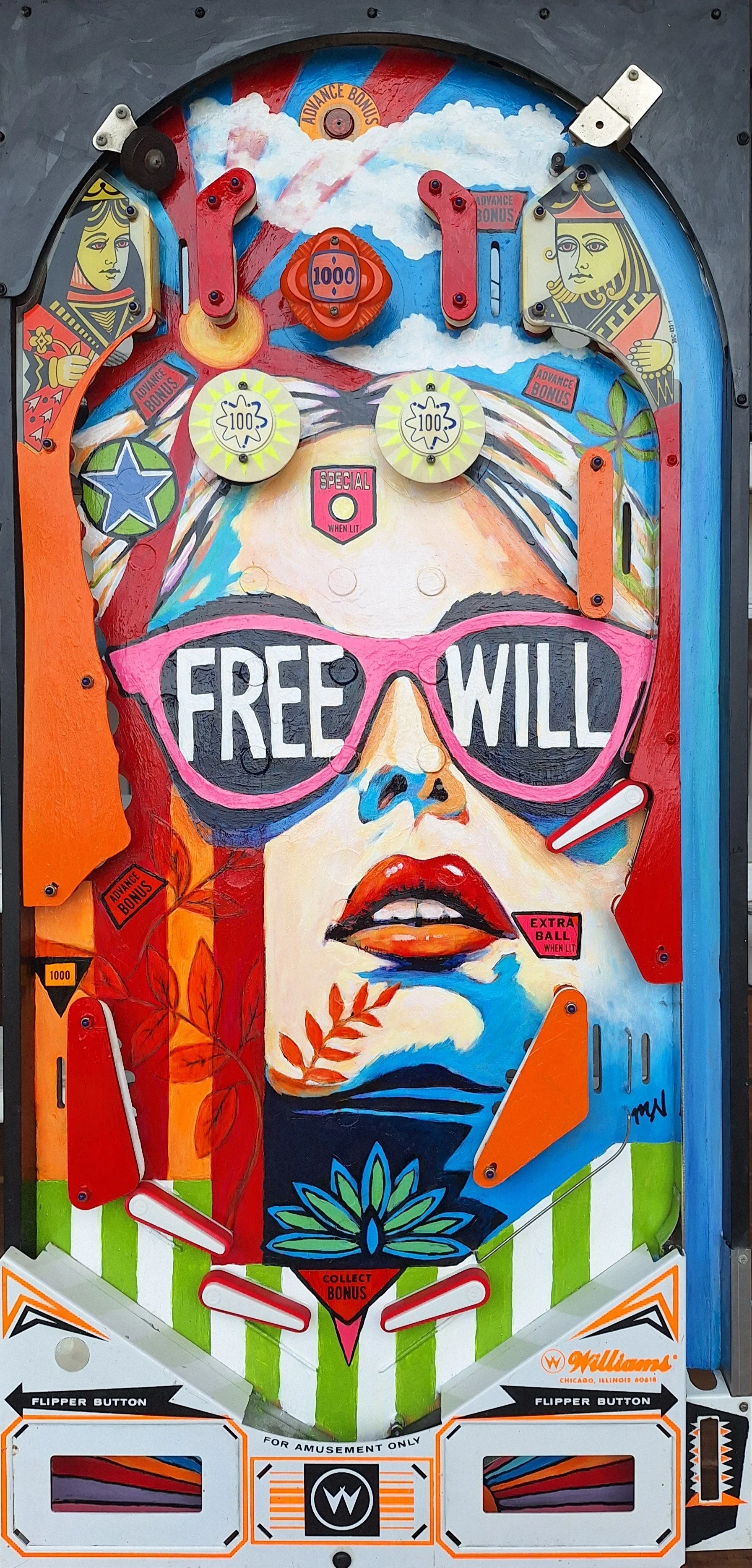 LIFE IS A GAME, 42" x 20.25" (Acrylic on vintage pinball machine playing field)
