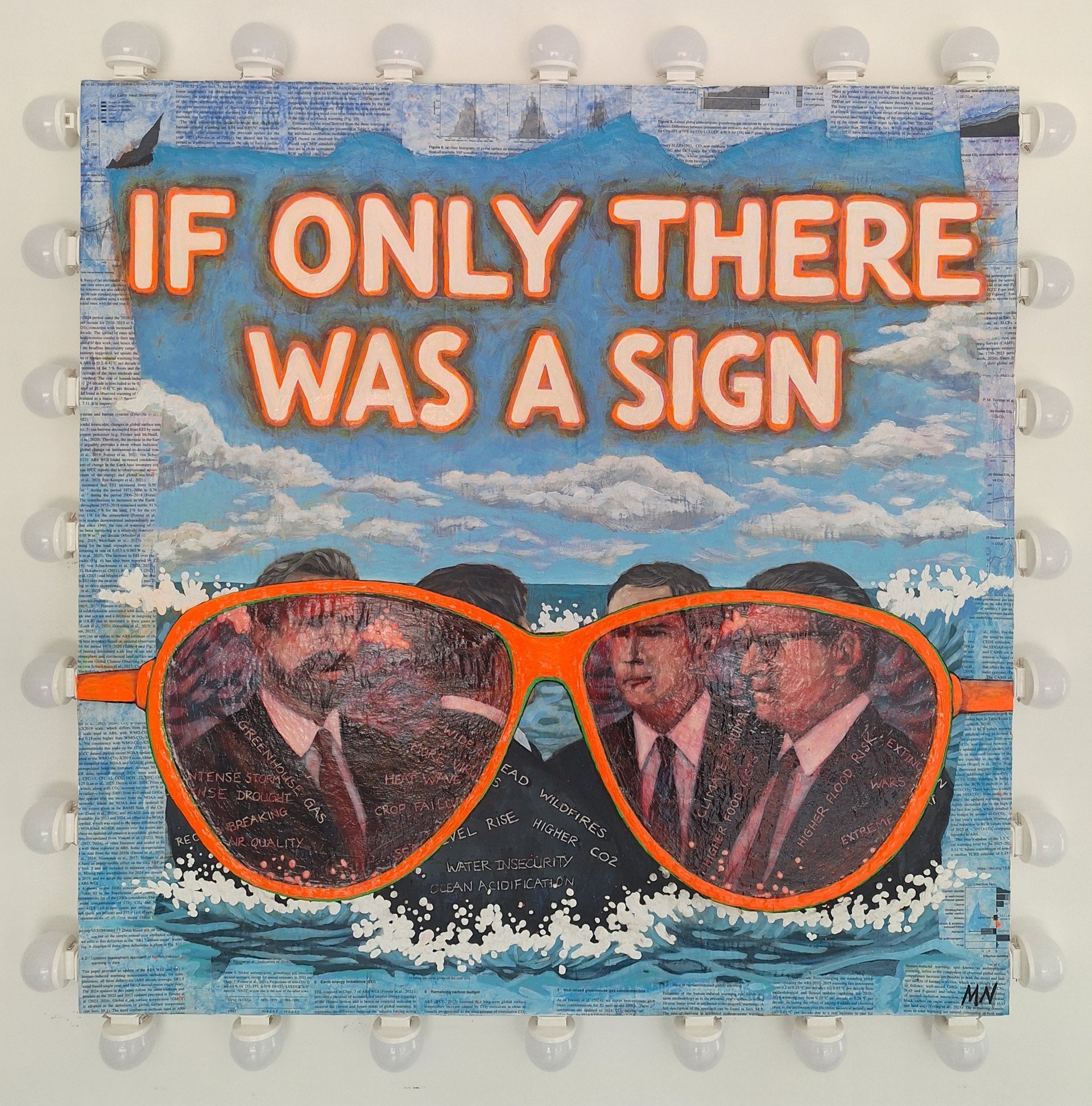 CLIMATE CHANGE DEBATE, 34" x 34" (Mixed media on wood panel)