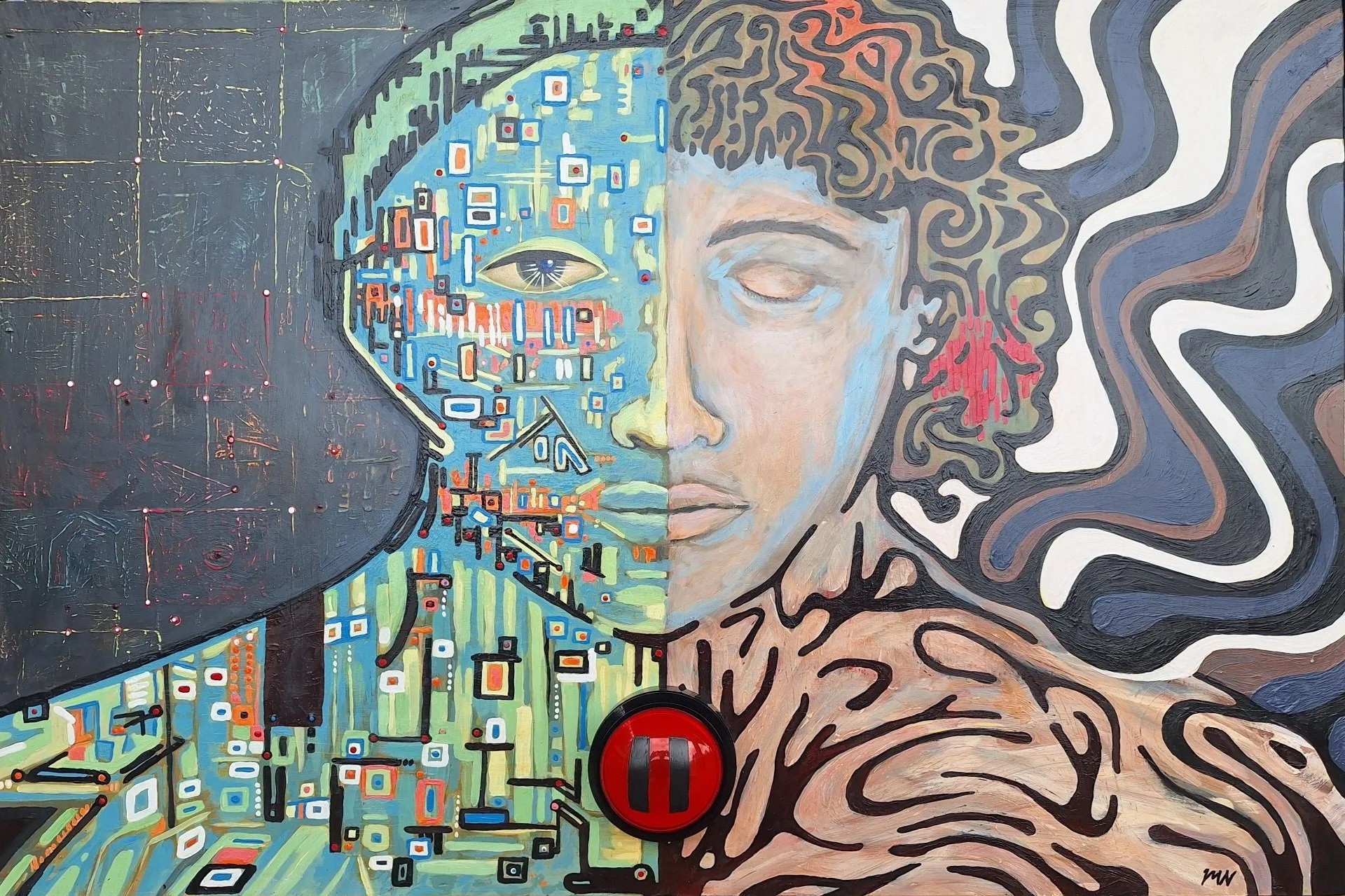 THE PAUSE BUTTON, 24" x 36" (Mixed media on wood panel)