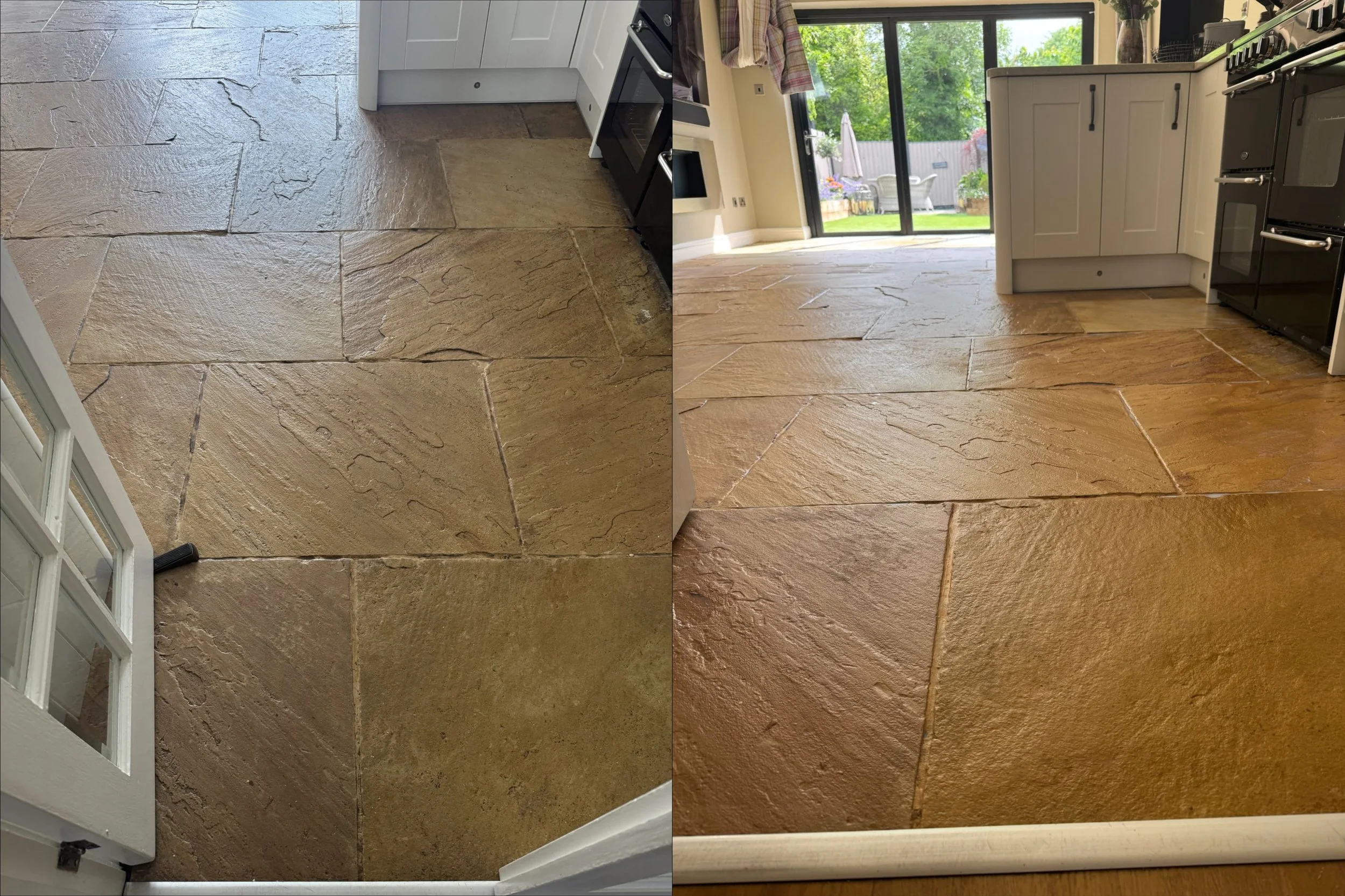 Before and after polished natural stone floor restoration in Preston property