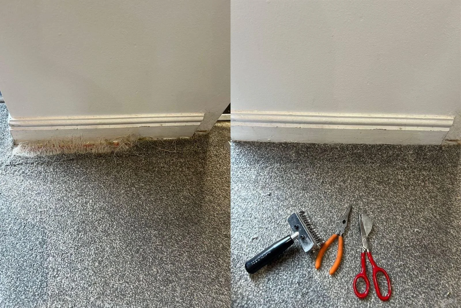Frayed edge carpet repair before and after by skilled technicians in Lancaster