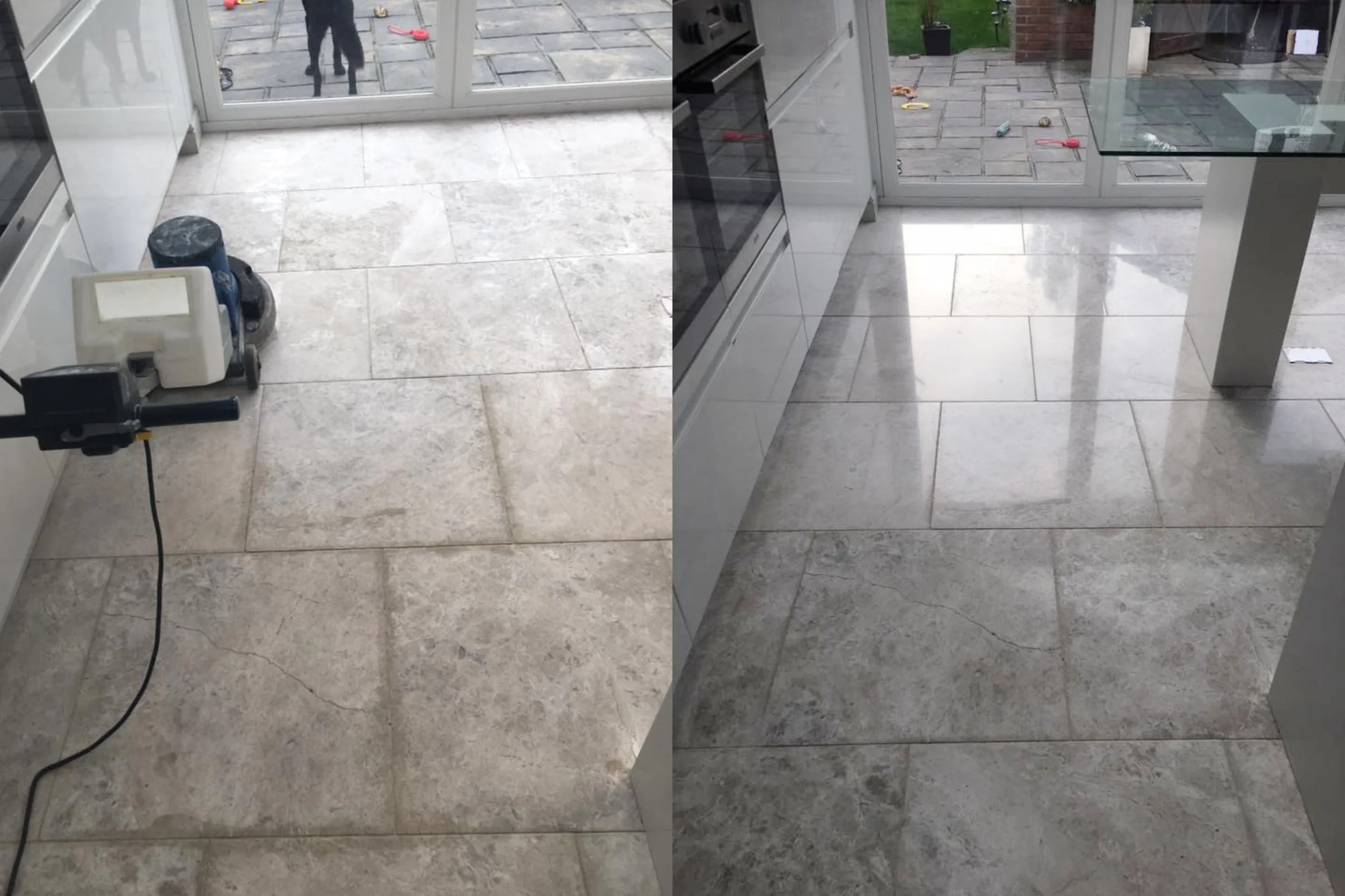 Before and after limestone floor restoration in Blackpool home showing dramatic improvement in shine