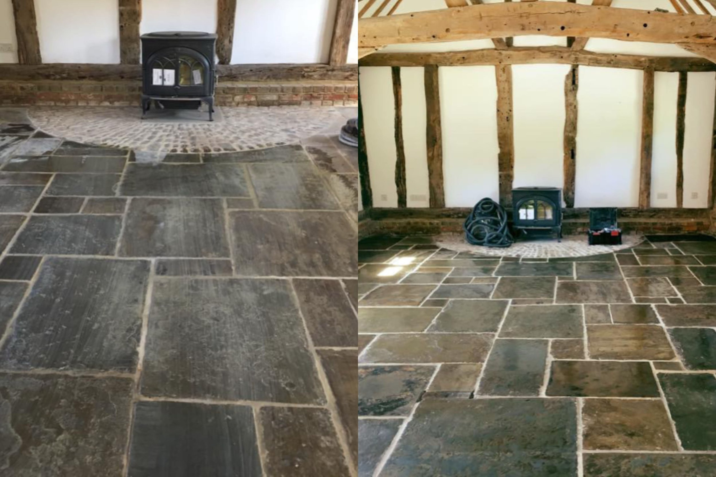 Dull flagstone restored, before and after professional cleaning and sealing in Blackpool