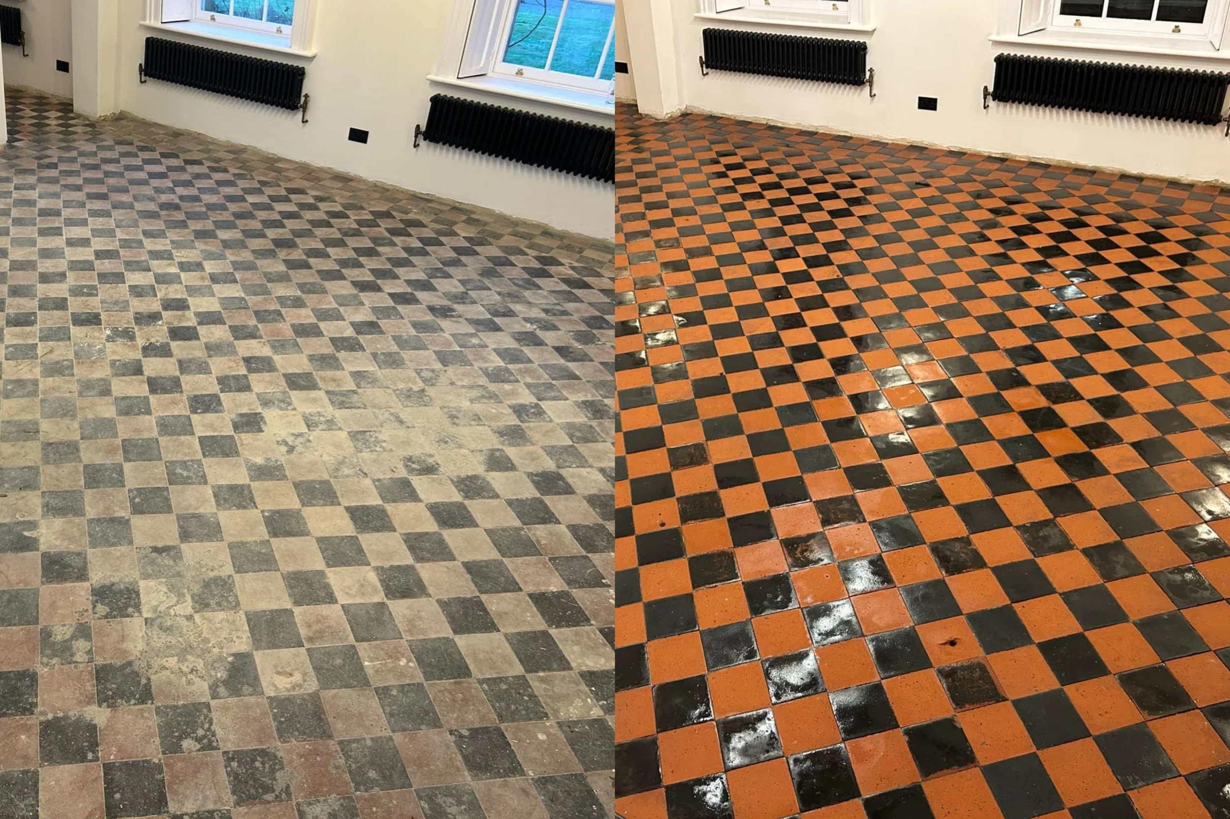 Before and after Victorian tile floor restoration