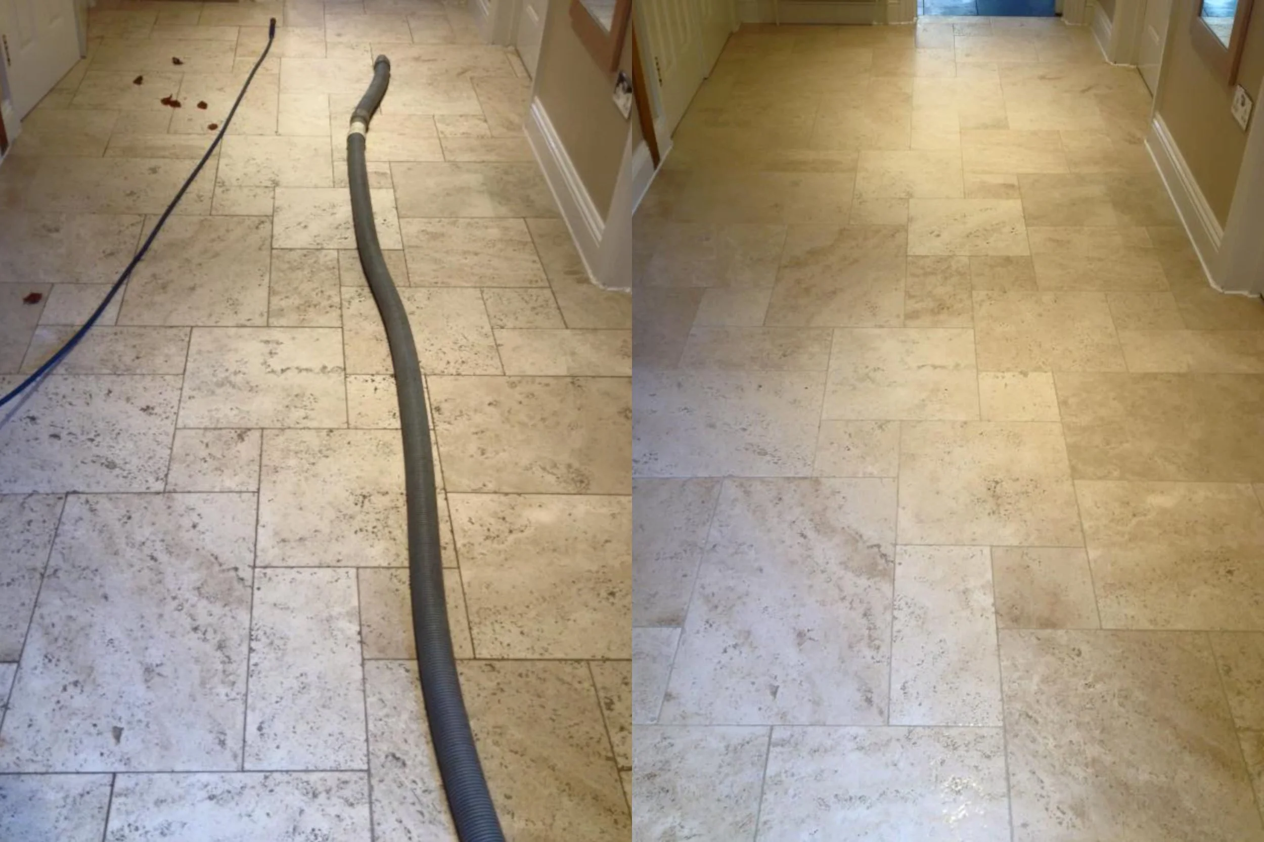 Before and after polished natural stone floor restoration in Lancaster property