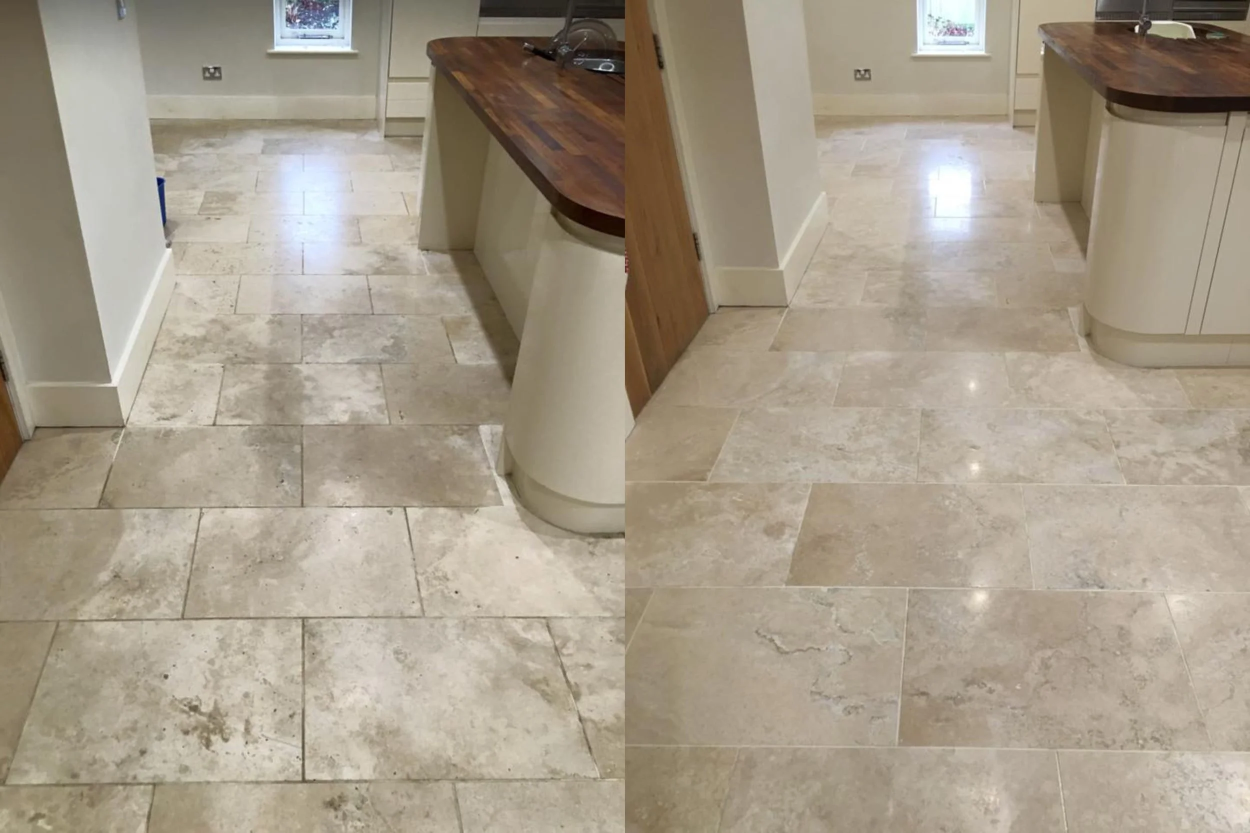Stone floor before and afte diamond polishing in Blackpool home