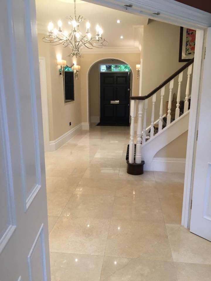 Beautiful, shiny natural stone floor in Preston home after a full restoration