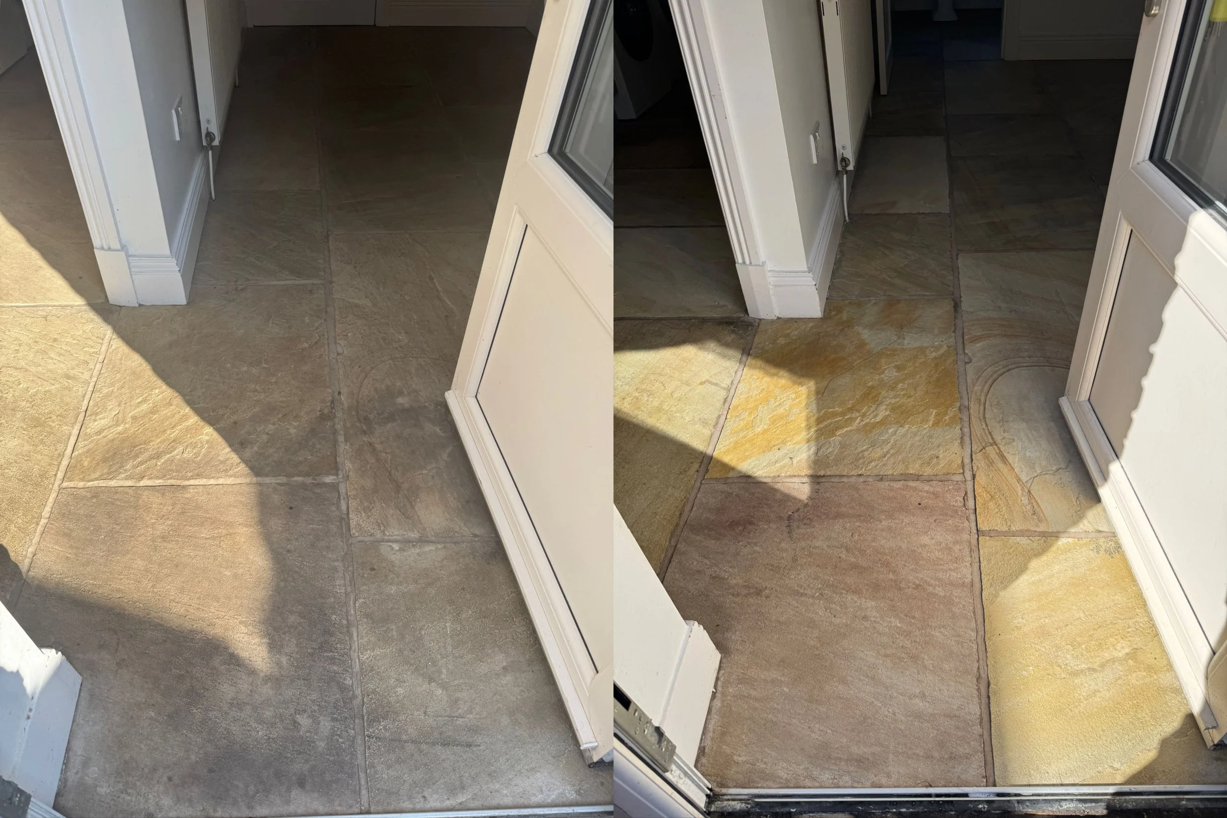 Indoor flagstone before and after professional cleaning and sealing in Preston