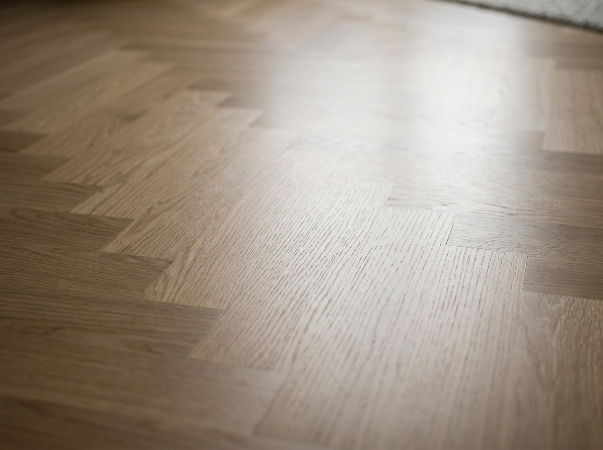 Close-up of a wooden parquet floor with a herringbone pattern.