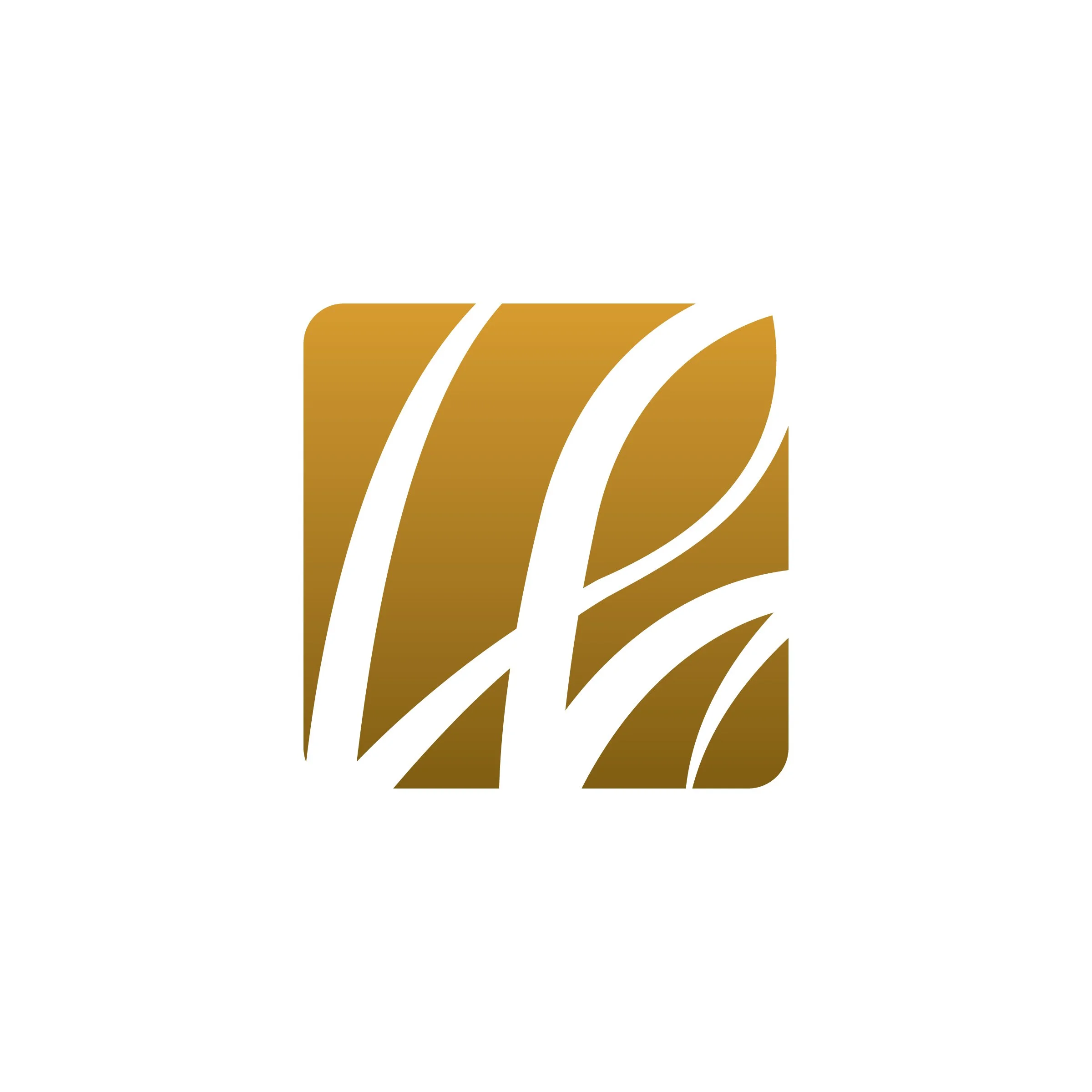 Logo doré avec des lignes courbes et droites sur fond blanc.
