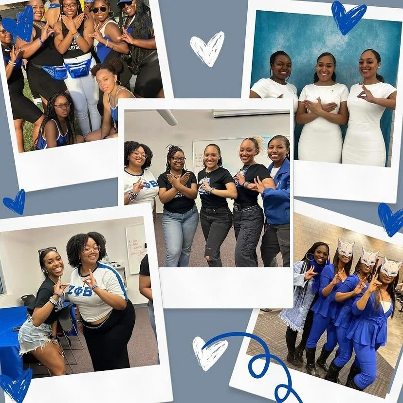 Collage of five photos featuring groups of young women of diverse backgrounds, posing and smiling together indoors and outdoors, some wearing matching outfits or themed costumes.