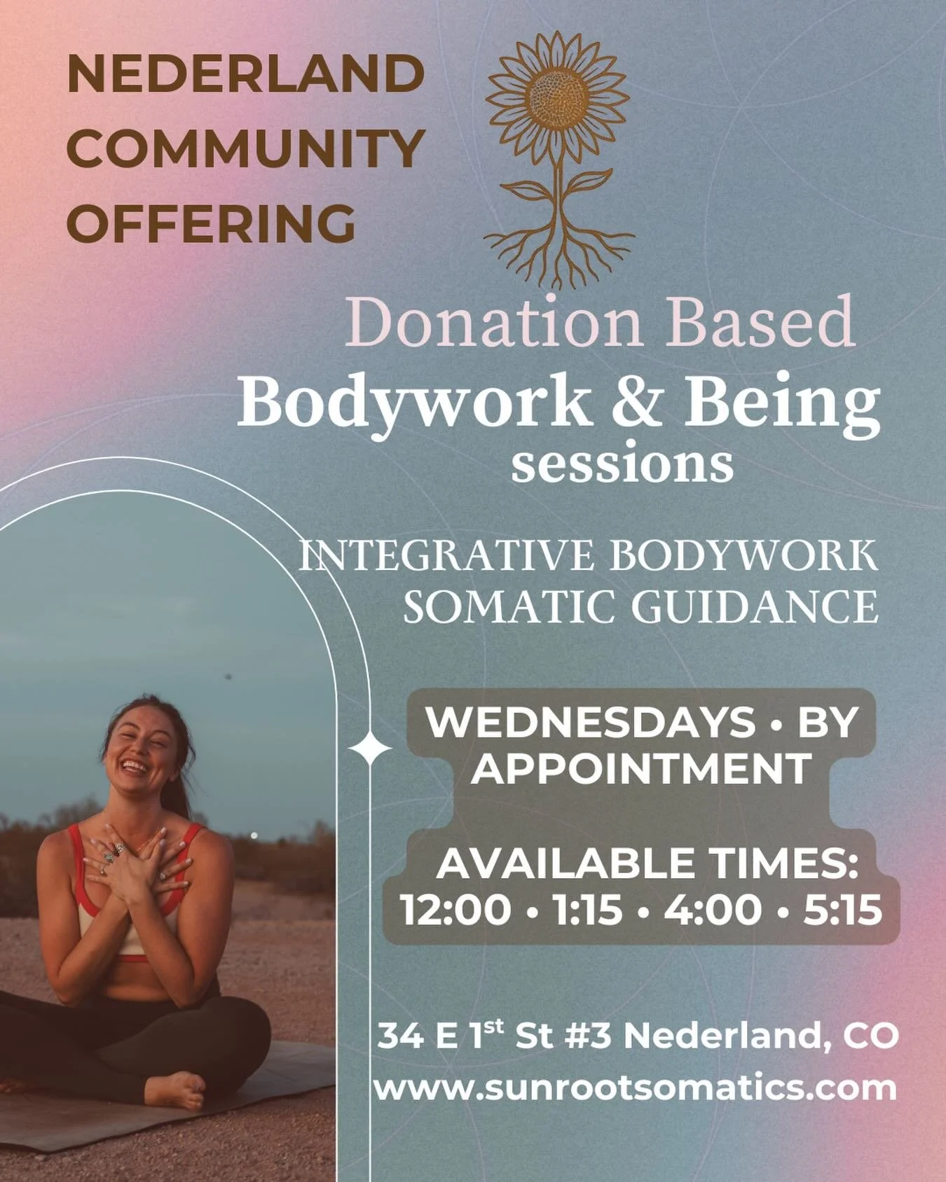 Nederland community 🌲 Starting in December, I&rsquo;ll be offering donation-based integrative bodywork + somatic guidance every Wednesday.
✨ 60-minute sessions ✨ Community-centered, body-honoring support ✨ Pay what you can
Appointment times: 12:00, 