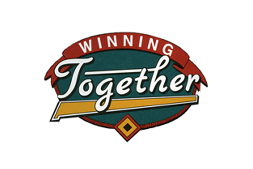 Graphic with the words "Winning Together" in stylized lettering, featuring a red banner and a yellow underline.