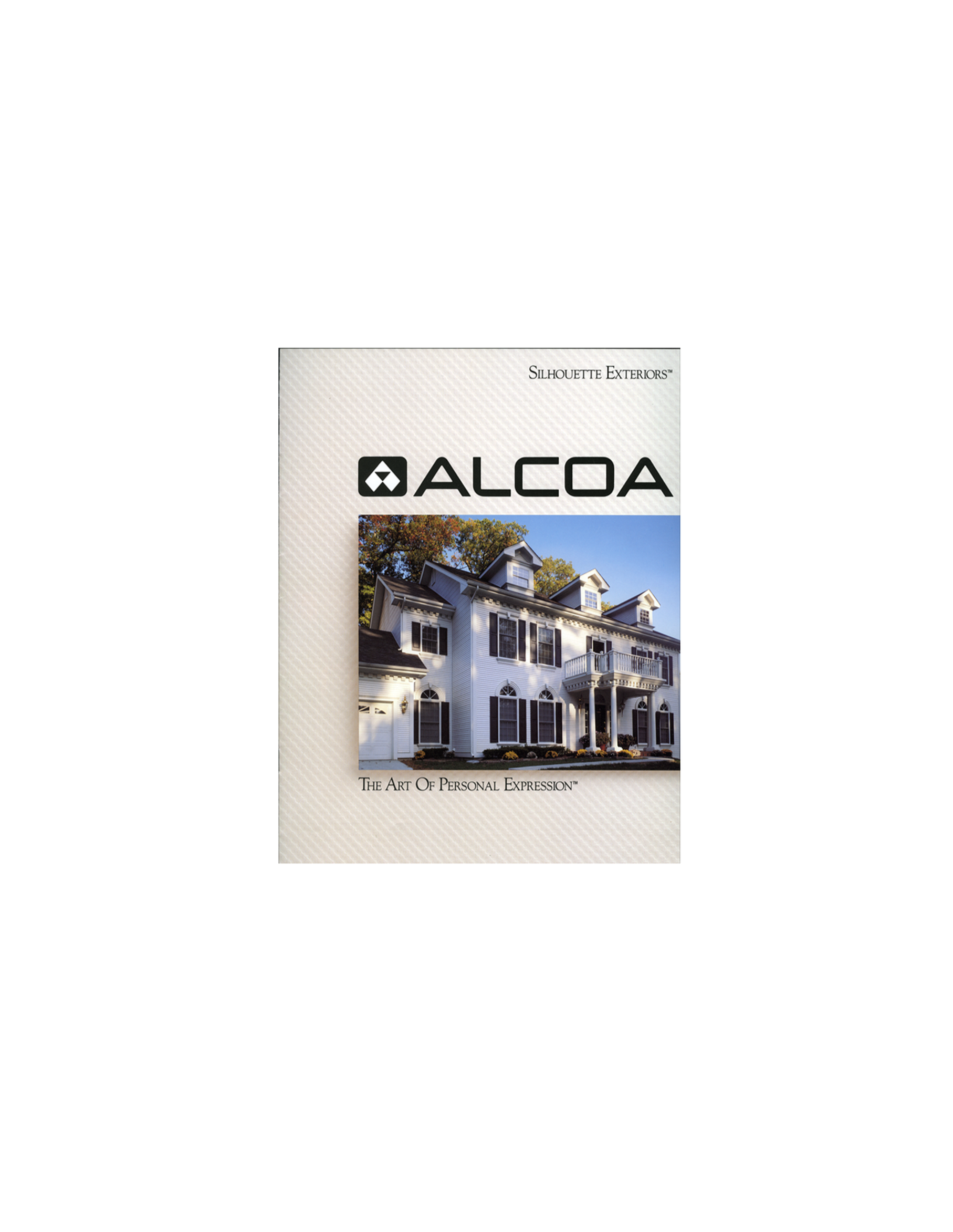 Brochure cover for Alcoa, a company specializing in exterior home products, featuring a large white house with multiple stories and black shutters.