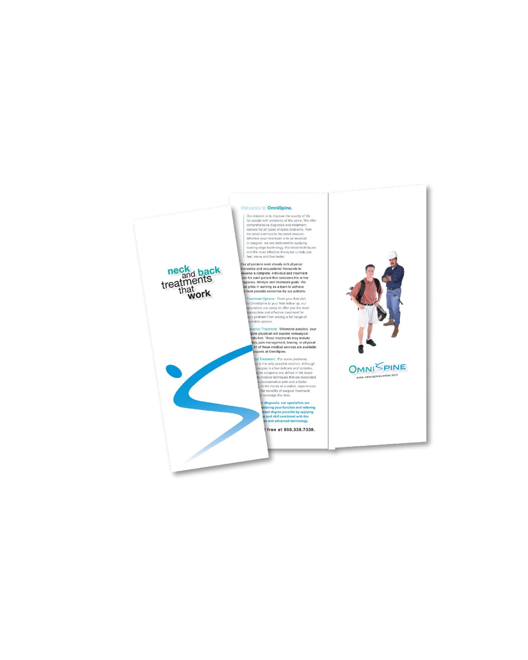 Brochure for OmniSpine featuring images of two men, one in a red shirt and shorts, the other in a blue plaid shirt and jeans, with text about neck and back treatments.