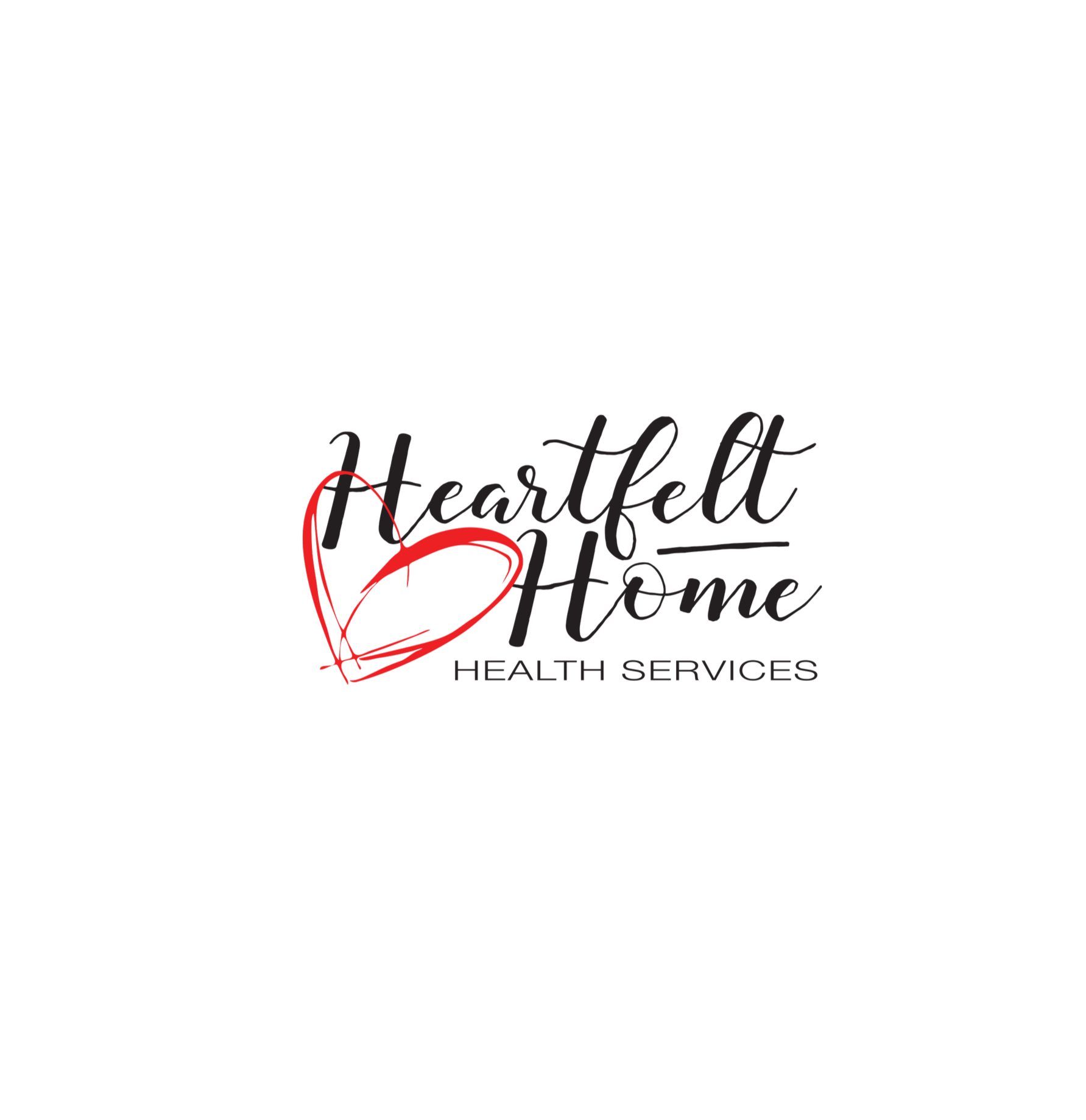 Logo for Heartfelt Home Health Services with a black background, a red heart outline, and the business name in script and block fonts.