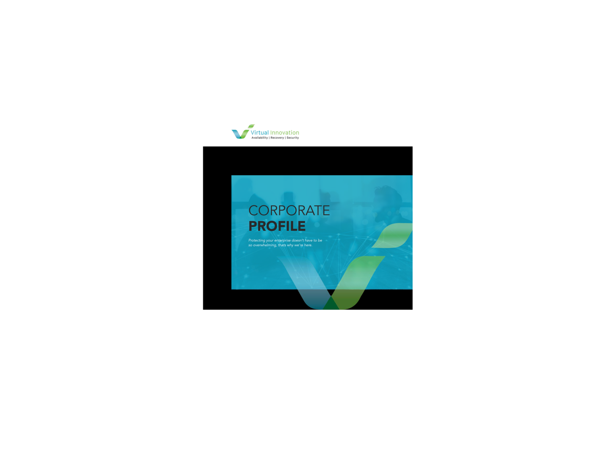 Slide presentation titled 'Corporate Profile' with a blue background, abstract graphics, and a logo at the top left that reads 'Virtual Innovation'.